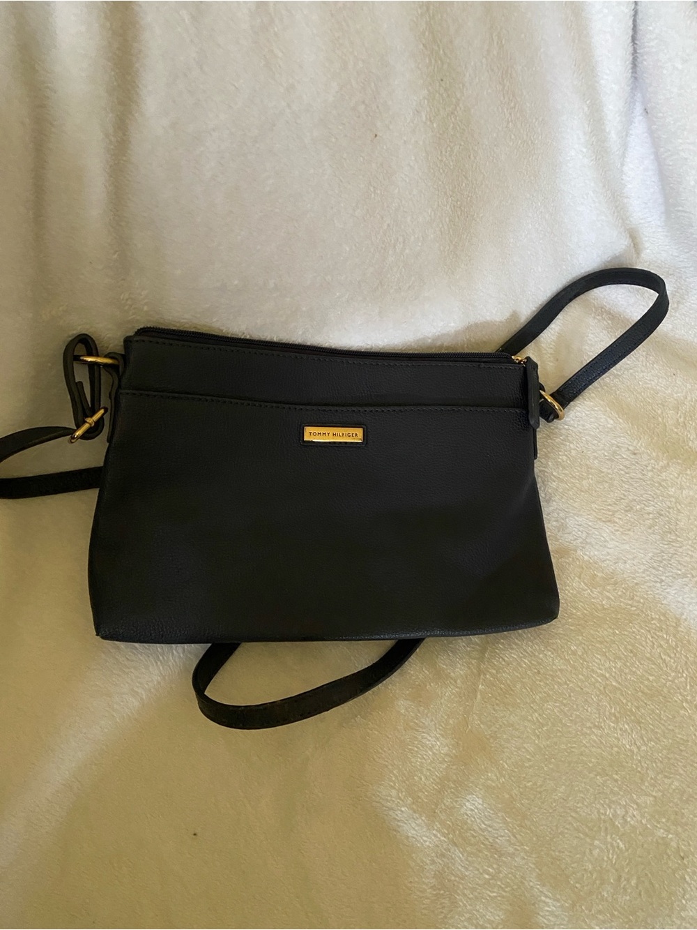 Tommy Hilfiger Black Leather Crossbody with Gold Accent